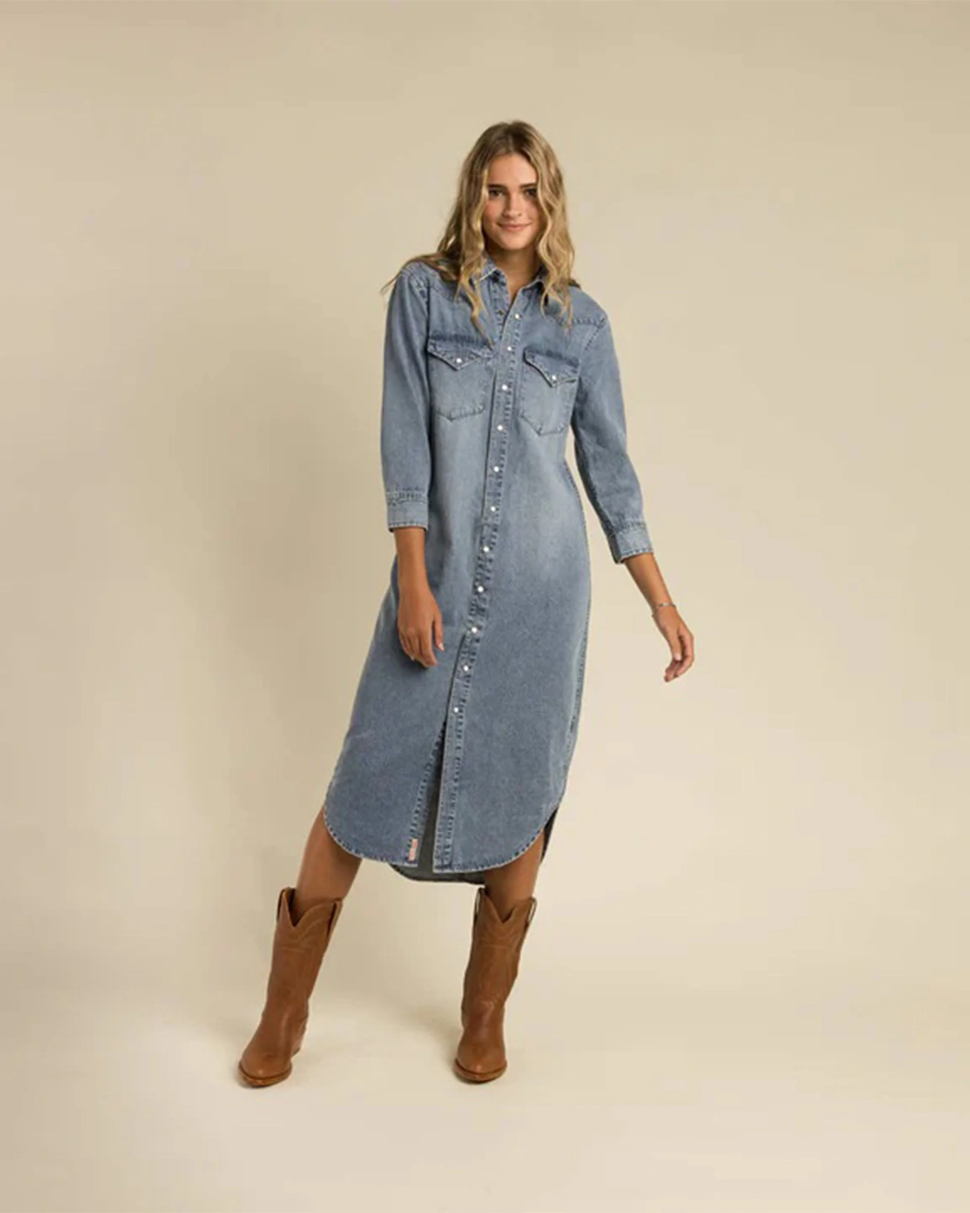 The Annie Pearl Snap Shirtdress - Classic Denim