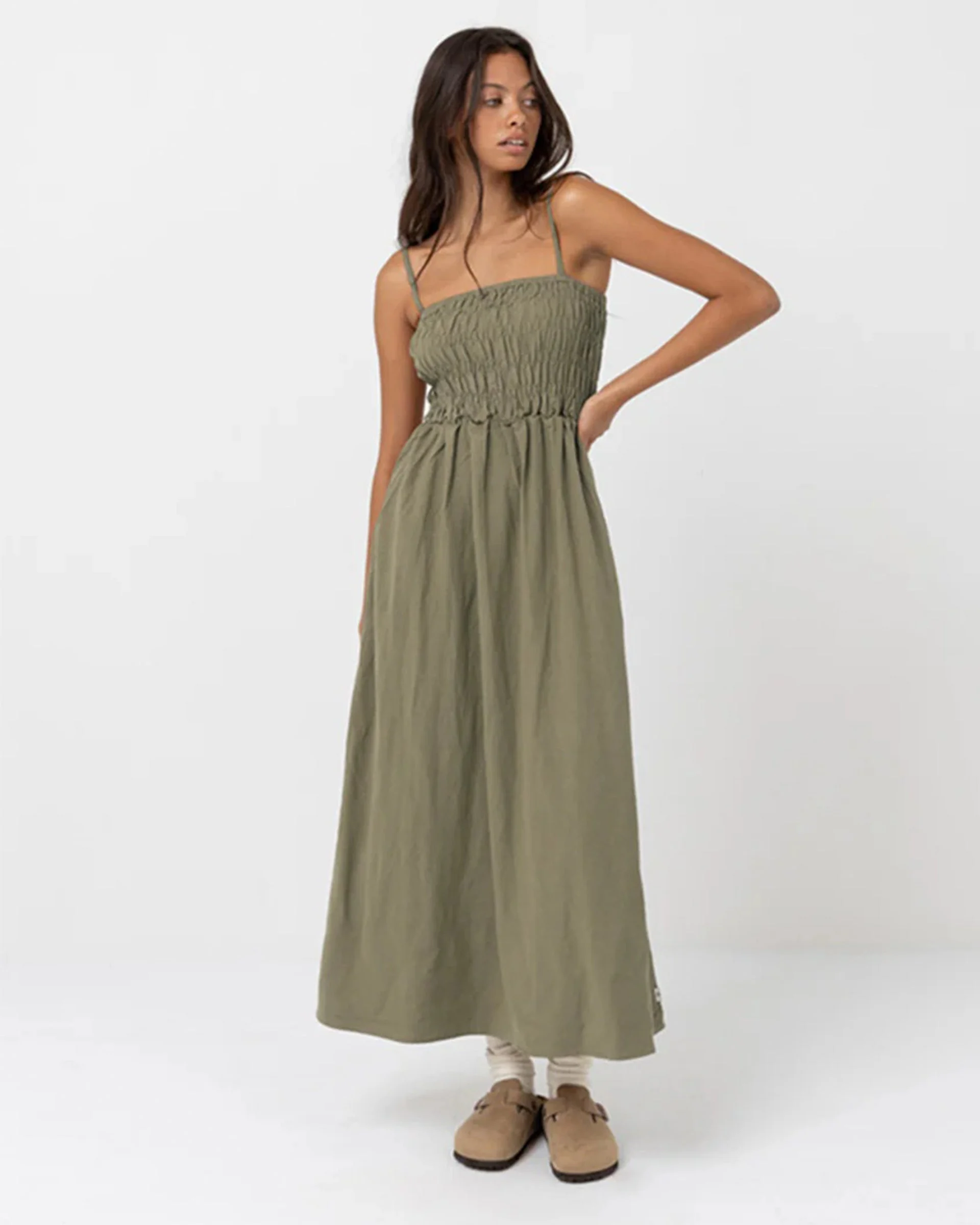 Classic Shirred Midi Dress - Olive