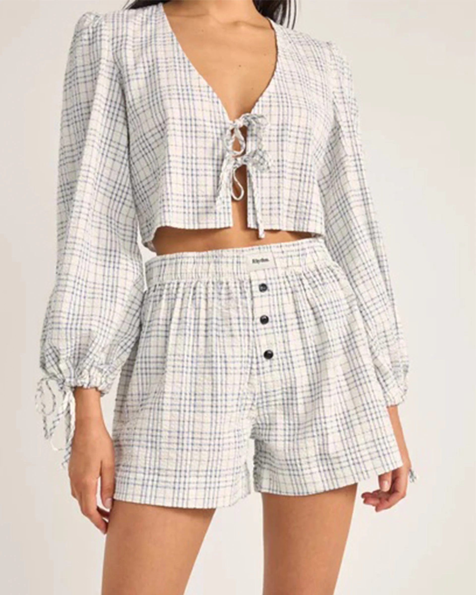 Desi Plaid Blouson Top - Blue