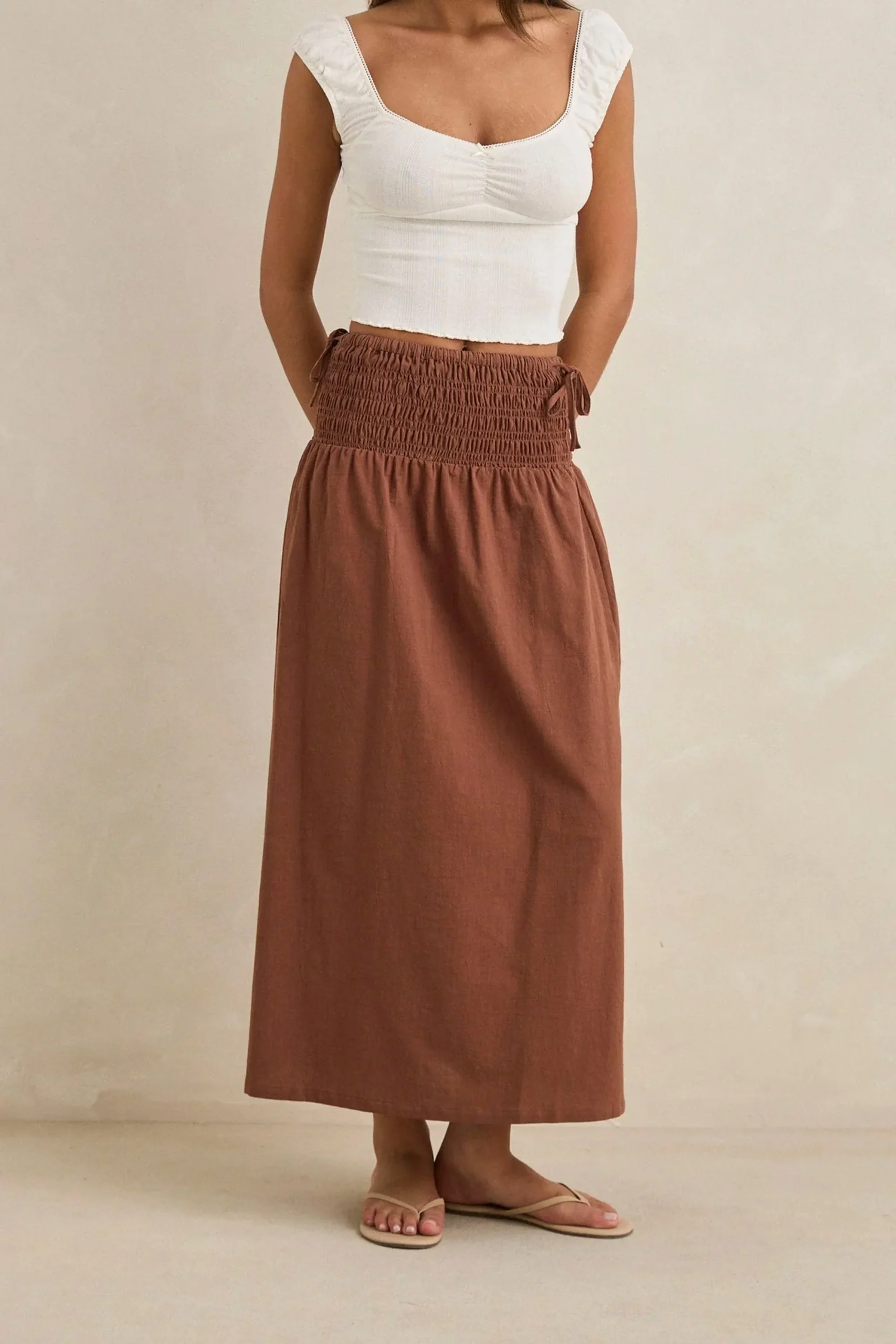 RHYTHM - ALANA TIE SIDE MAXI SKIRT - CHOCOLATE