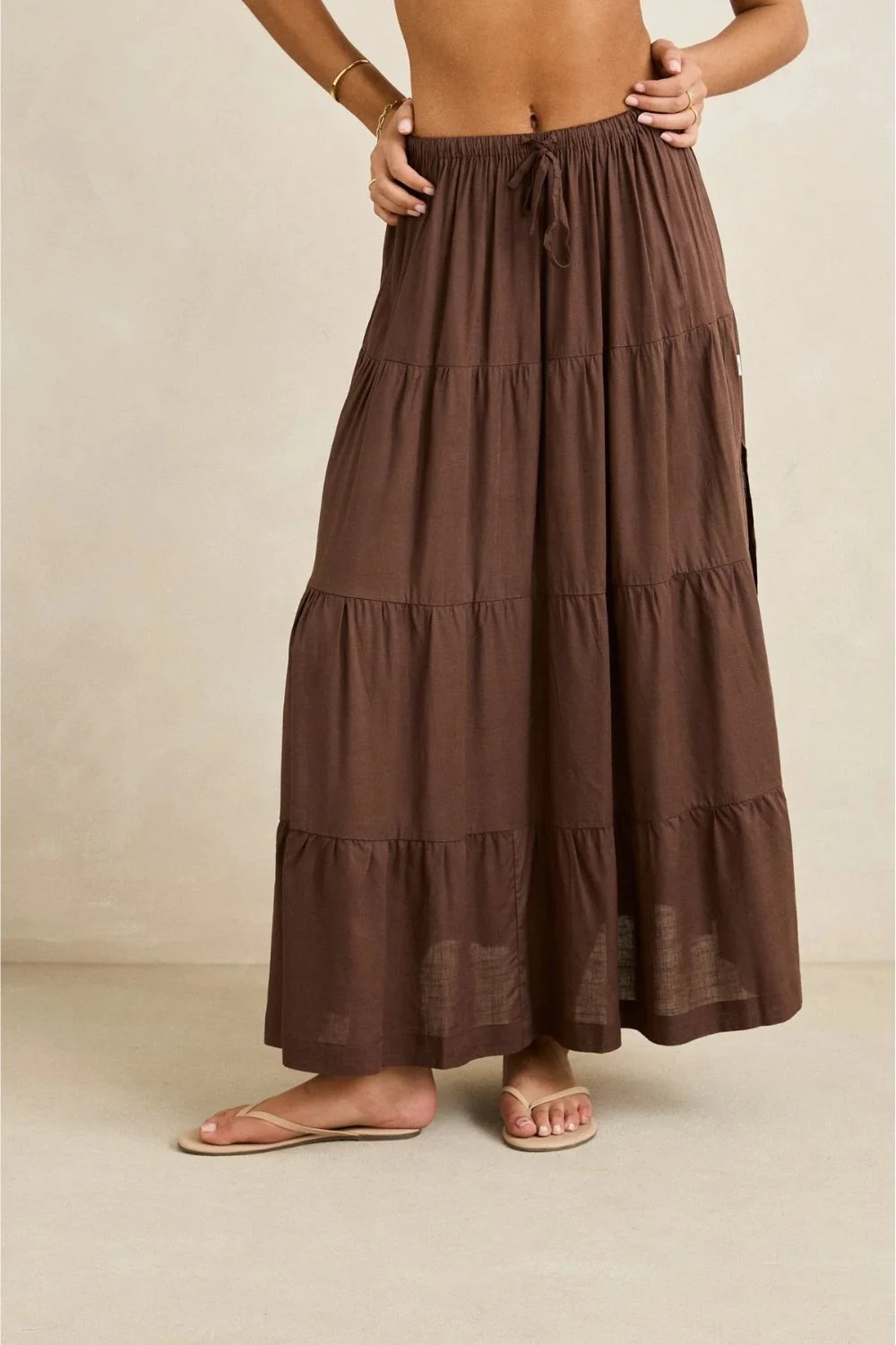 RHYTHM - CLASSIC TIERED MAXI SKIRT - CHOCOLATE