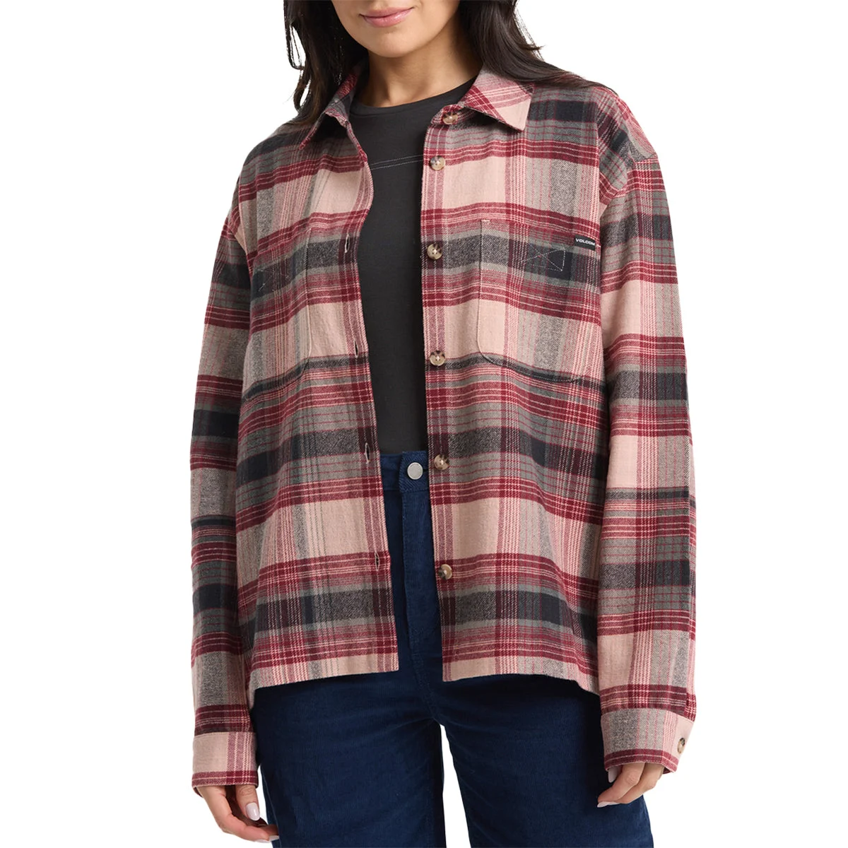 Volcom Women's Full Cut Work Long Sleeve Button-Up Flannel Shirt